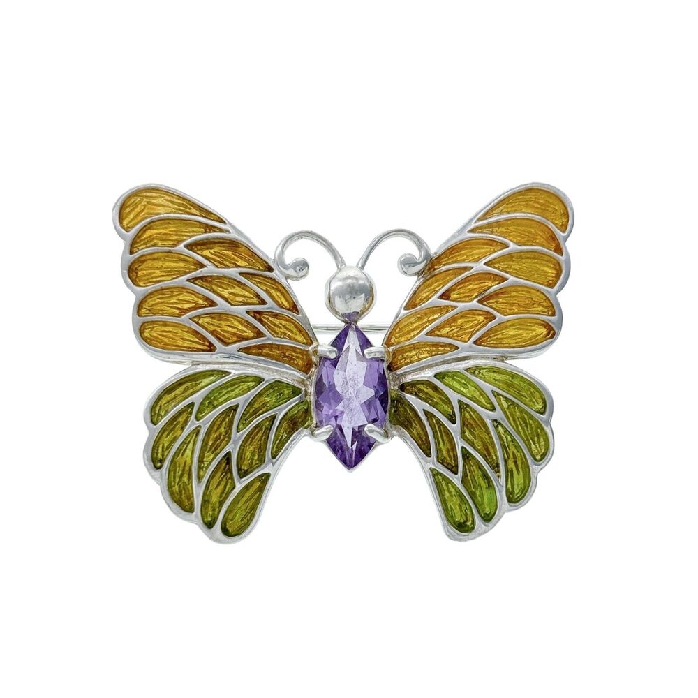 Vintage Sterling Silver 925 Amethyst Enamel Butterfly Brooch